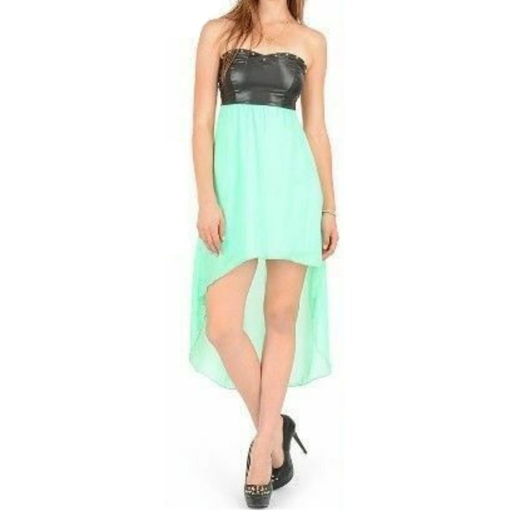 Sweetheart  Neckline Studded Black Faux Leather High Low Green Dress b22